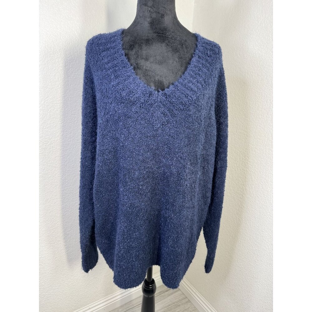 NWT Aerie Womens Blue Boucle Knit V-Neck Sweater M